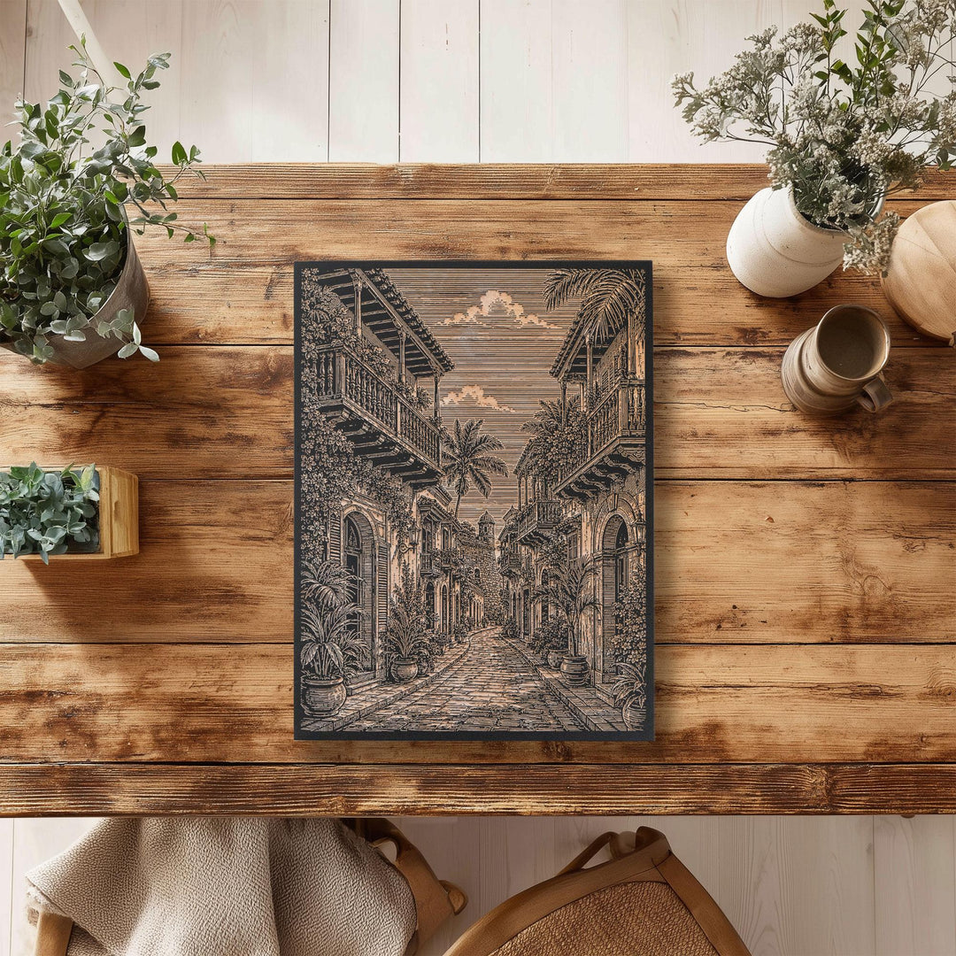 Cartagena Walled City Street Engraved Birch Art Panel