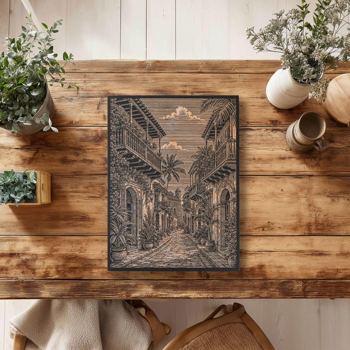 Cartagena Walled City Street Engraved Birch Art Panel