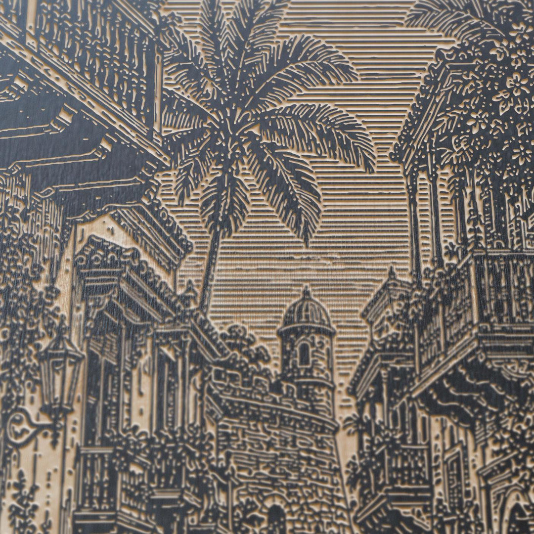 Cartagena Walled City Street Engraved Birch Art Panel