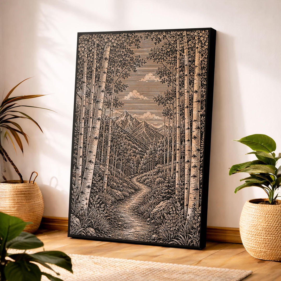Aspen Tree Mountain Trail Engraved Birch Art Panel