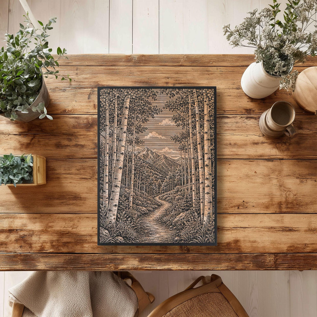 Aspen Tree Mountain Trail Engraved Birch Art Panel