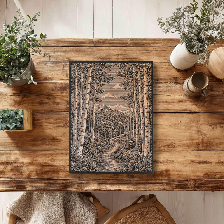 Aspen Tree Mountain Trail Engraved Birch Art Panel