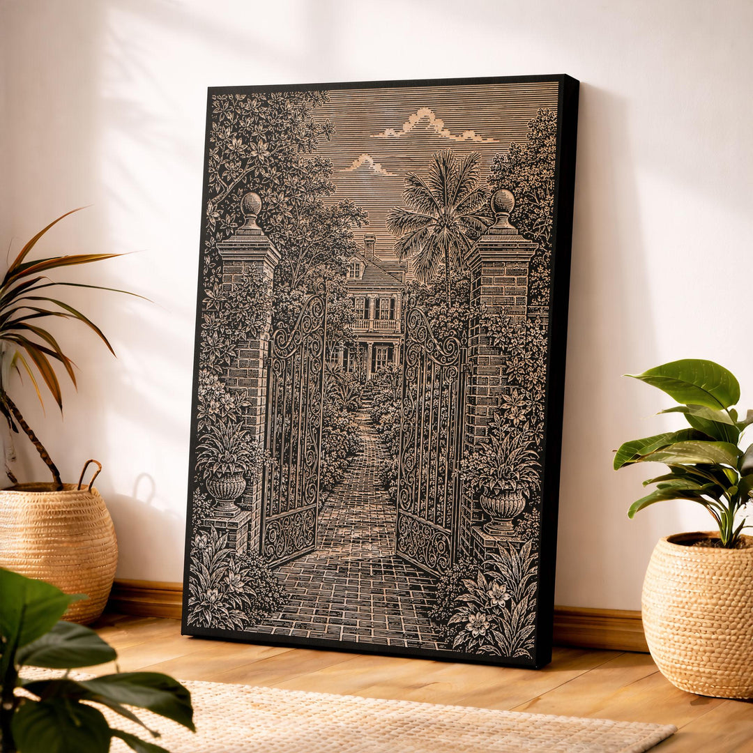Charleston Garden Gate Engraved Birch Art Panel