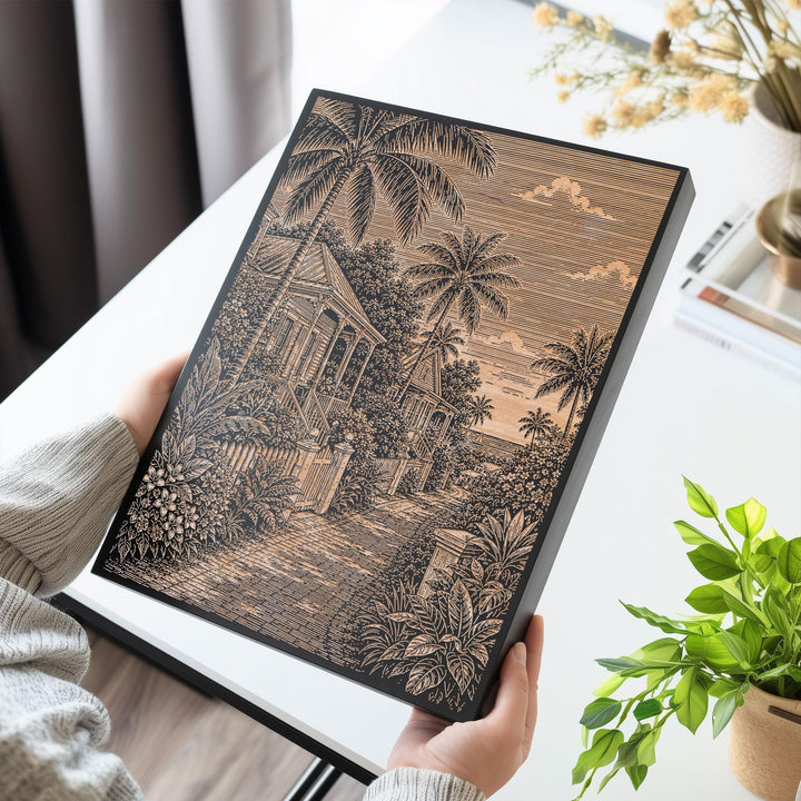 Key West Palm Cottage Lane Engraved Birch Art Panel