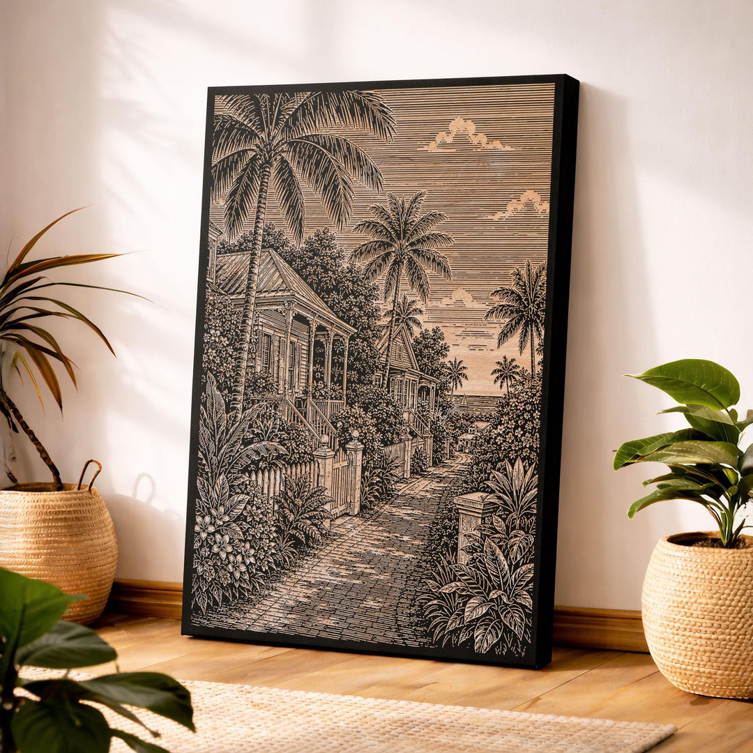 Key West Palm Cottage Lane Engraved Birch Art Panel