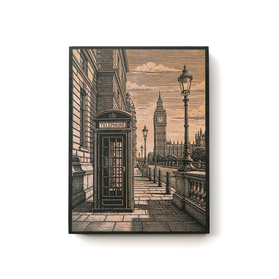 London Telephone Booth Engraved Birch Art Panel