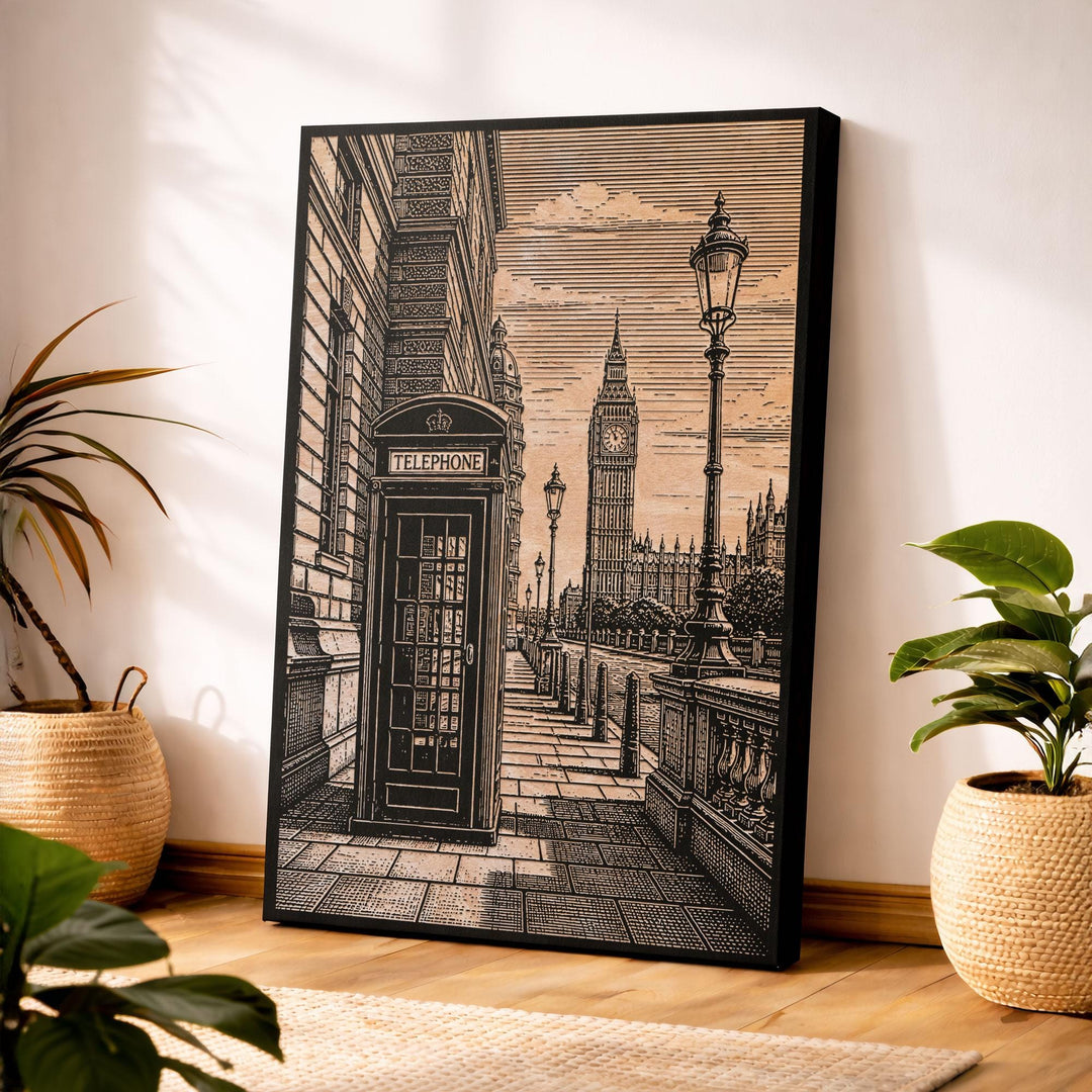 London Telephone Booth Engraved Birch Art Panel