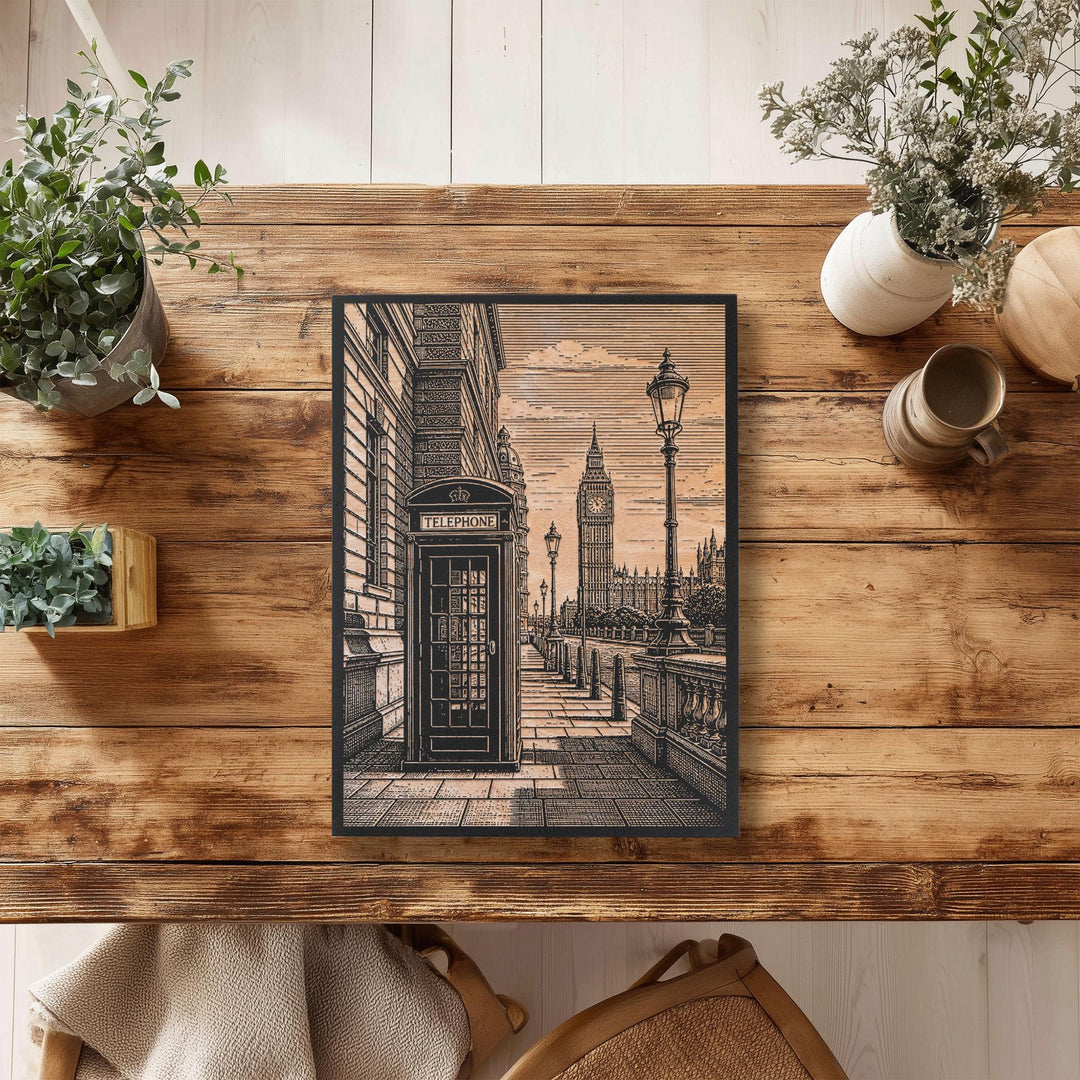 London Telephone Booth Engraved Birch Art Panel