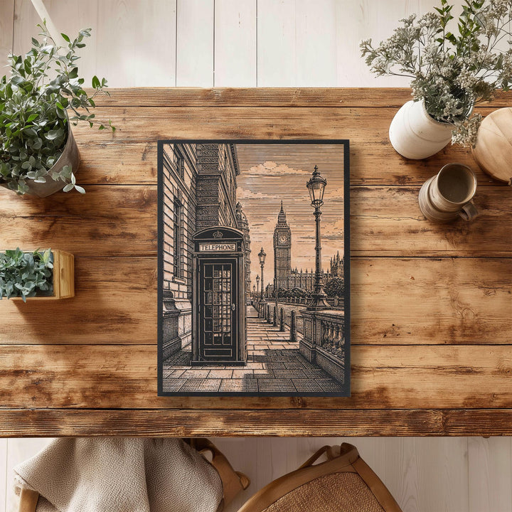 London Telephone Booth Engraved Birch Art Panel