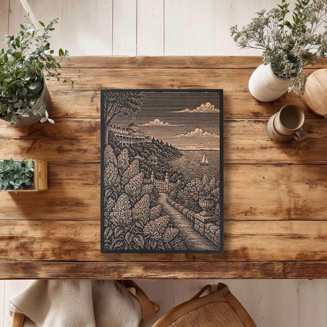 Mackinac Island Lilac Garden Engraved Birch Art Panel