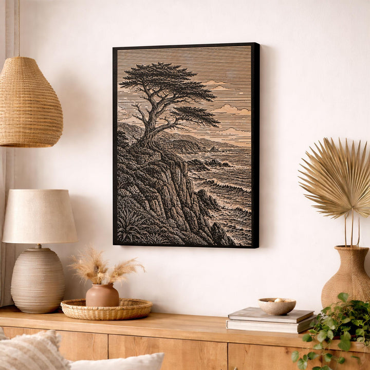 Monterey Cypress on Cliff Engraved Birch Art Panel