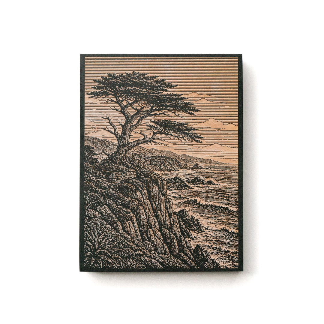 Monterey Cypress on Cliff Engraved Birch Art Panel