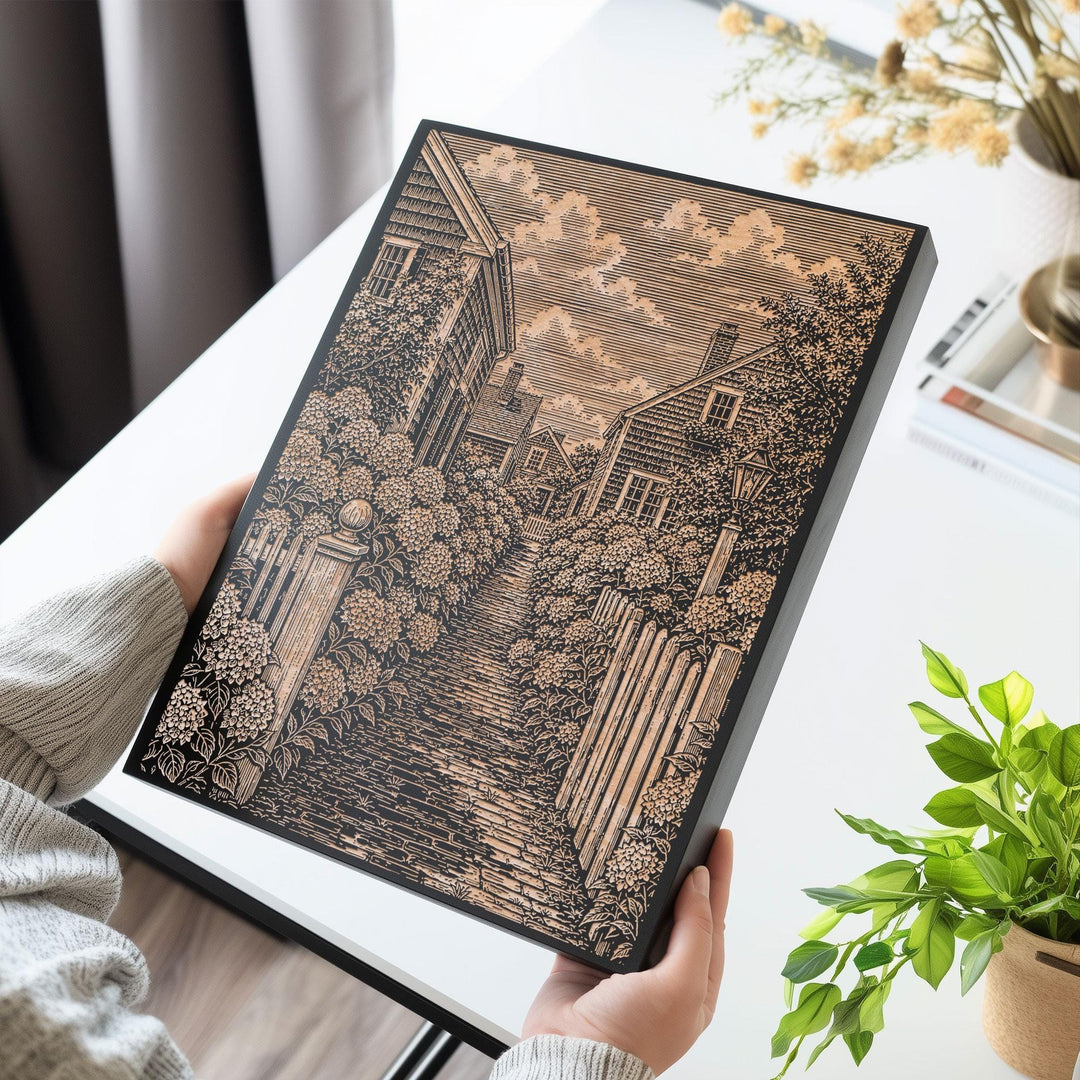 Nantucket Hydrangea Lane Engraved Birch Art Panel