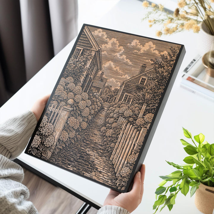 Nantucket Hydrangea Lane Engraved Birch Art Panel