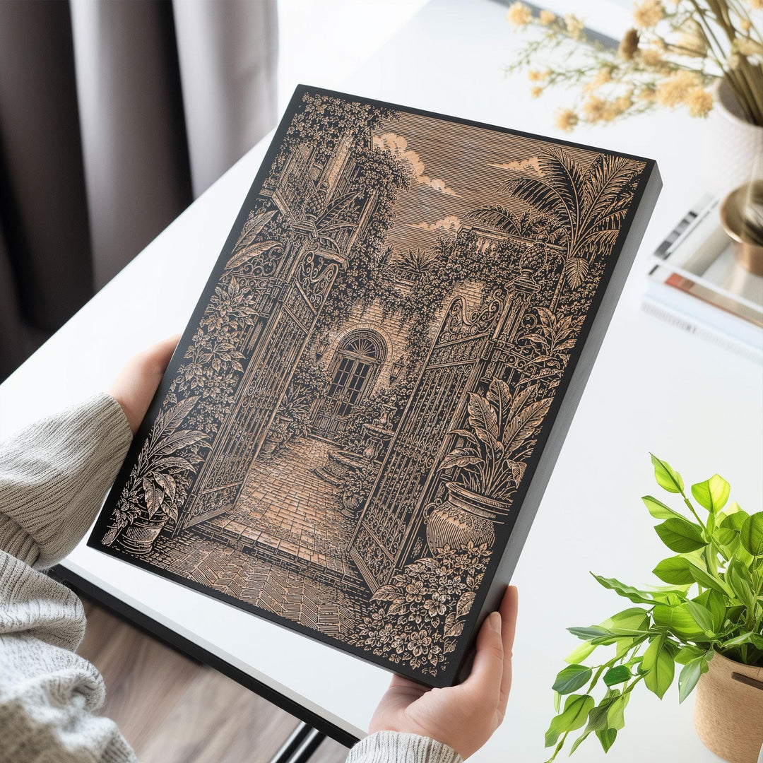 New Orleans Courtyard Garden Engraved Birch Art Panel