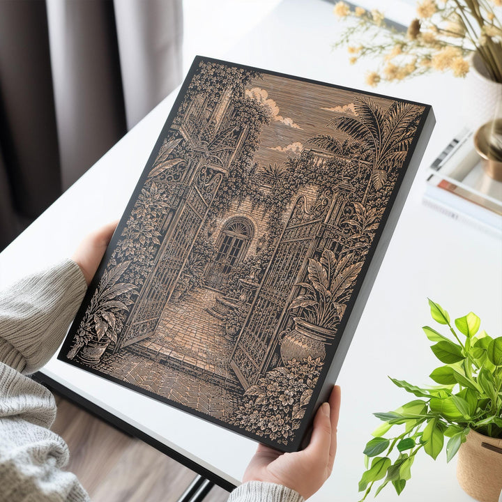 New Orleans Courtyard Garden Engraved Birch Art Panel