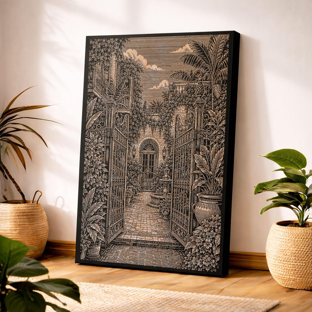 New Orleans Courtyard Garden Engraved Birch Art Panel