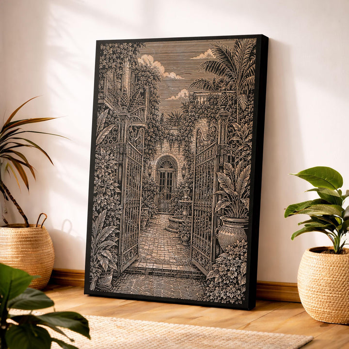 New Orleans Courtyard Garden Engraved Birch Art Panel