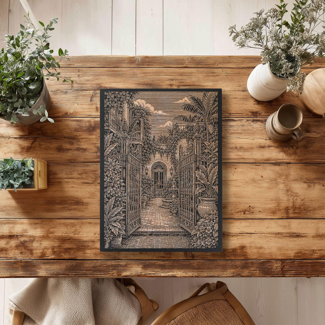 New Orleans Courtyard Garden Engraved Birch Art Panel