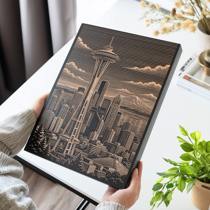 Seattle Space Needle Engraved Birch Art Panel