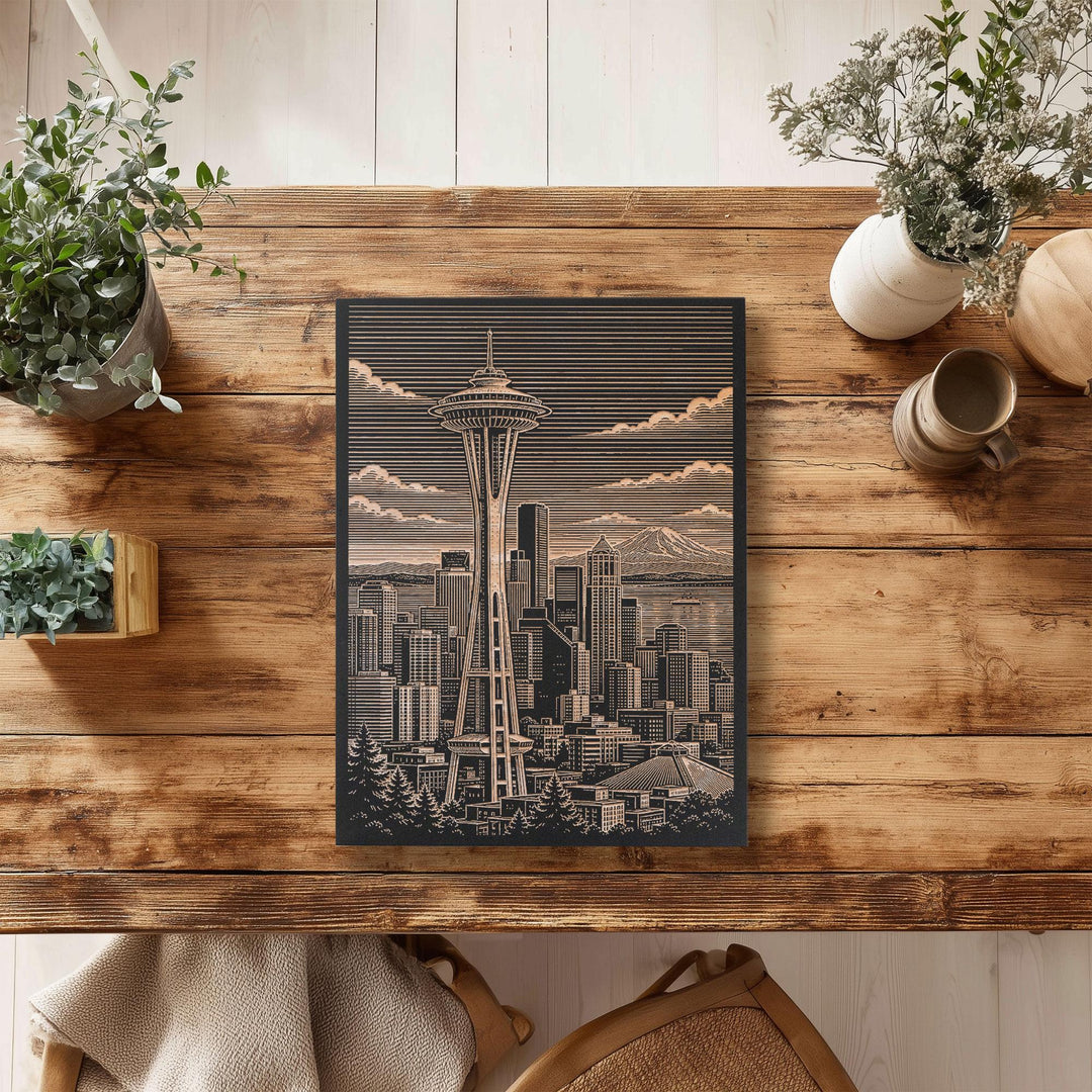Seattle Space Needle Engraved Birch Art Panel