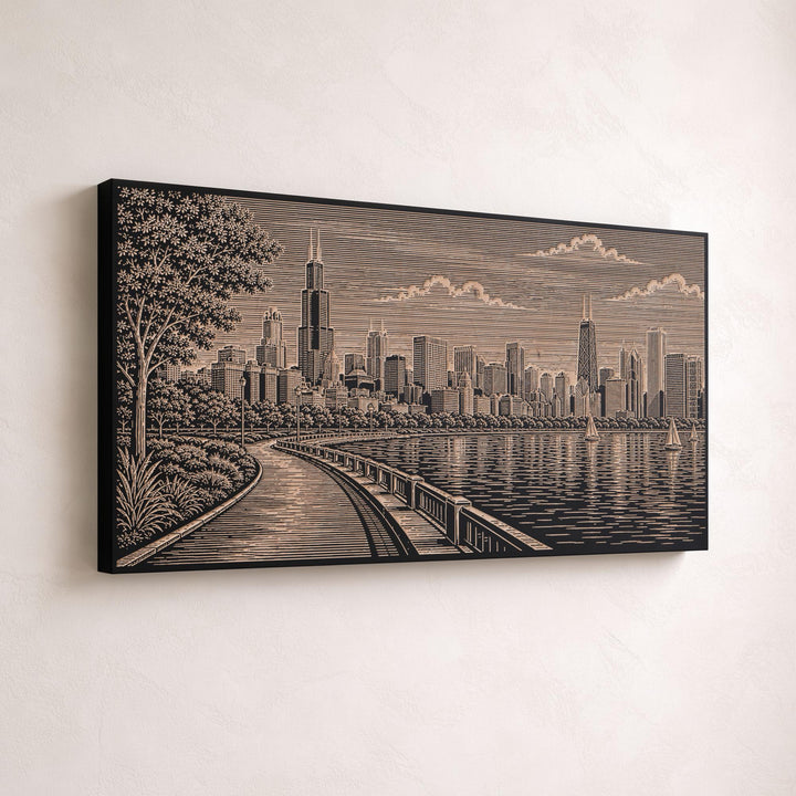 Chicago Lakefront Skyline Engraved Birch Art Panel