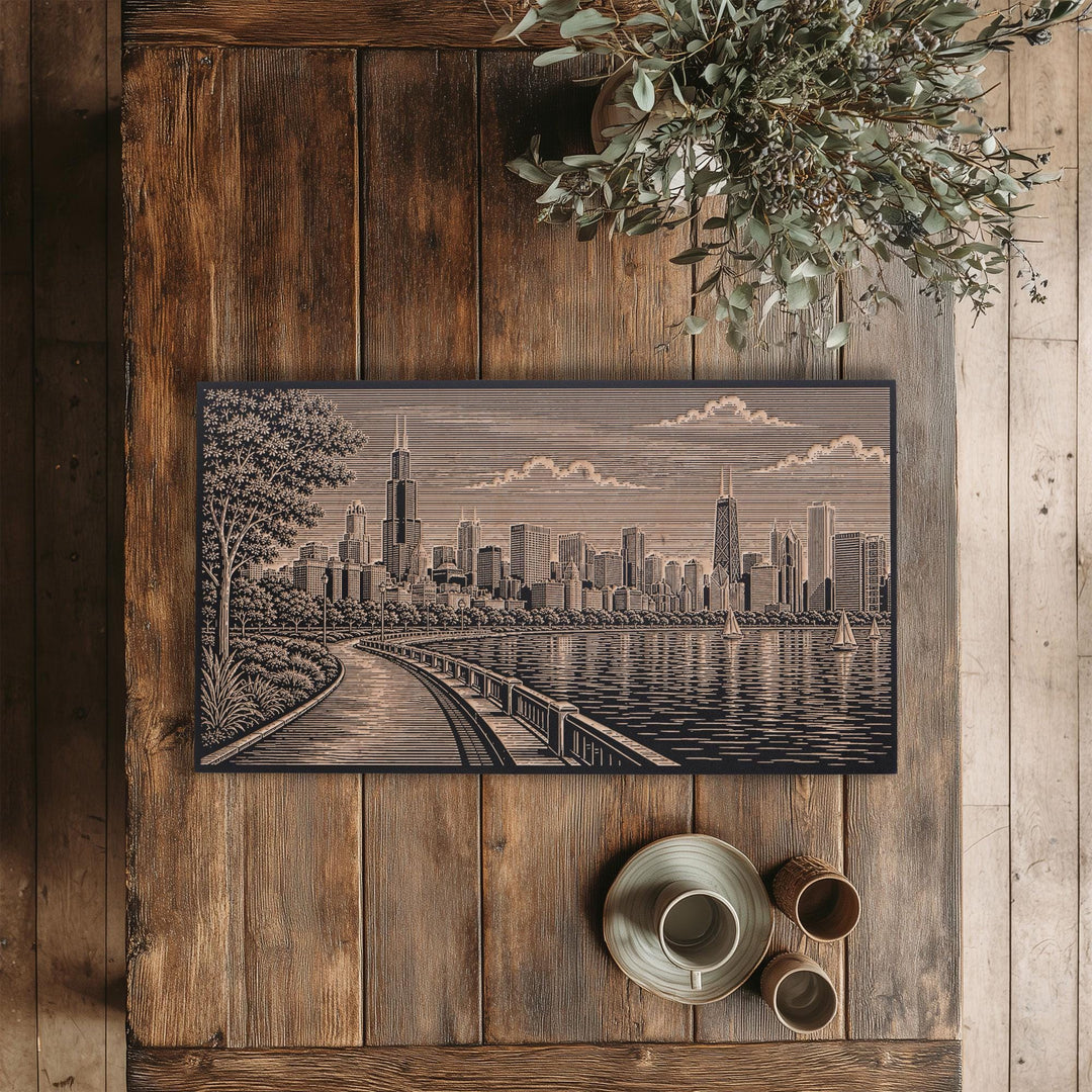 Chicago Lakefront Skyline Engraved Birch Art Panel