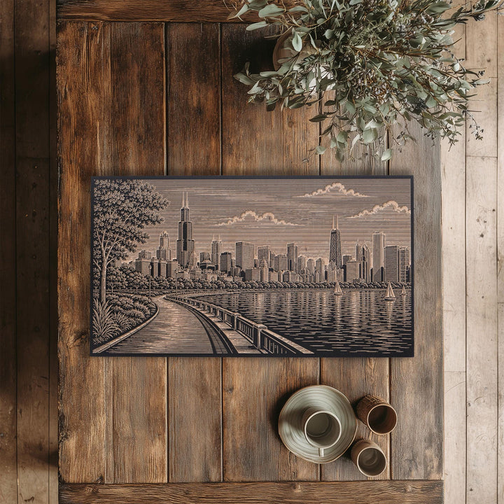 Chicago Lakefront Skyline Engraved Birch Art Panel