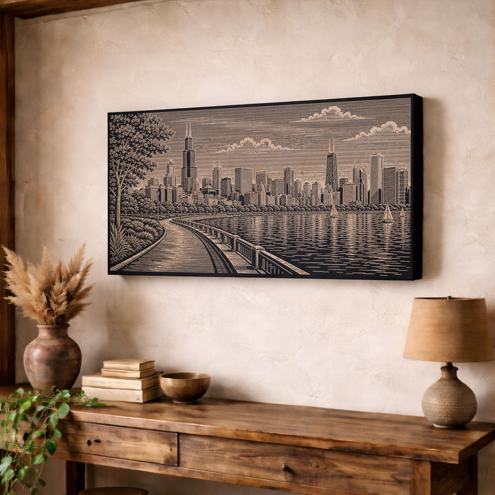 Chicago Lakefront Skyline Engraved Birch Art Panel