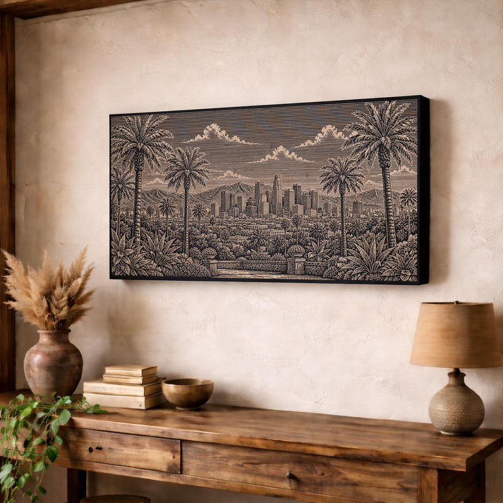 Los Angeles Palm Skyline View Engraved Birch Art Panel