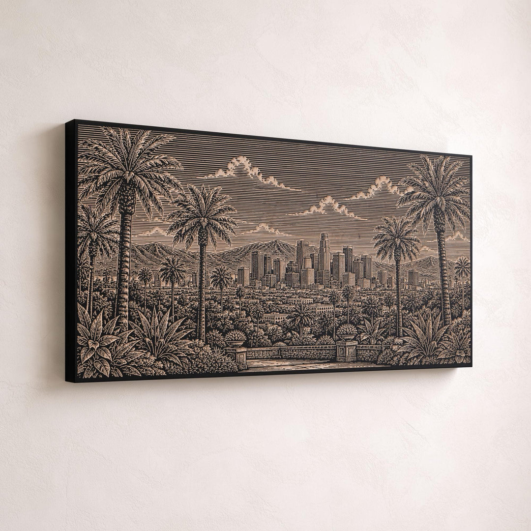 Los Angeles Palm Skyline View Engraved Birch Art Panel