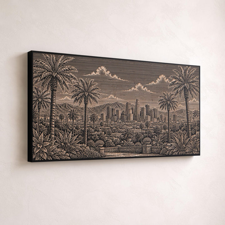 Los Angeles Palm Skyline View Engraved Birch Art Panel