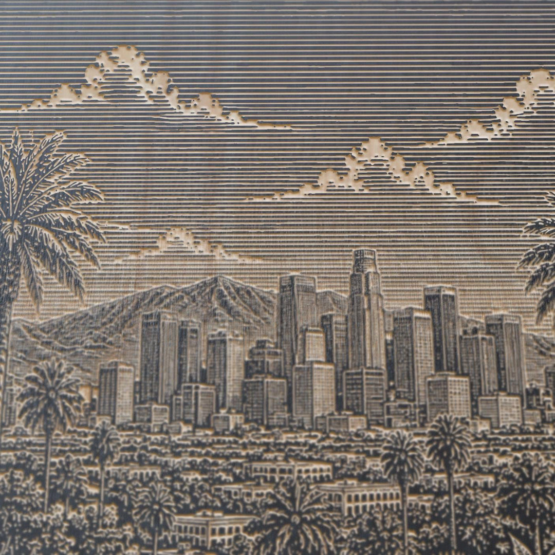 Los Angeles Palm Skyline View Engraved Birch Art Panel
