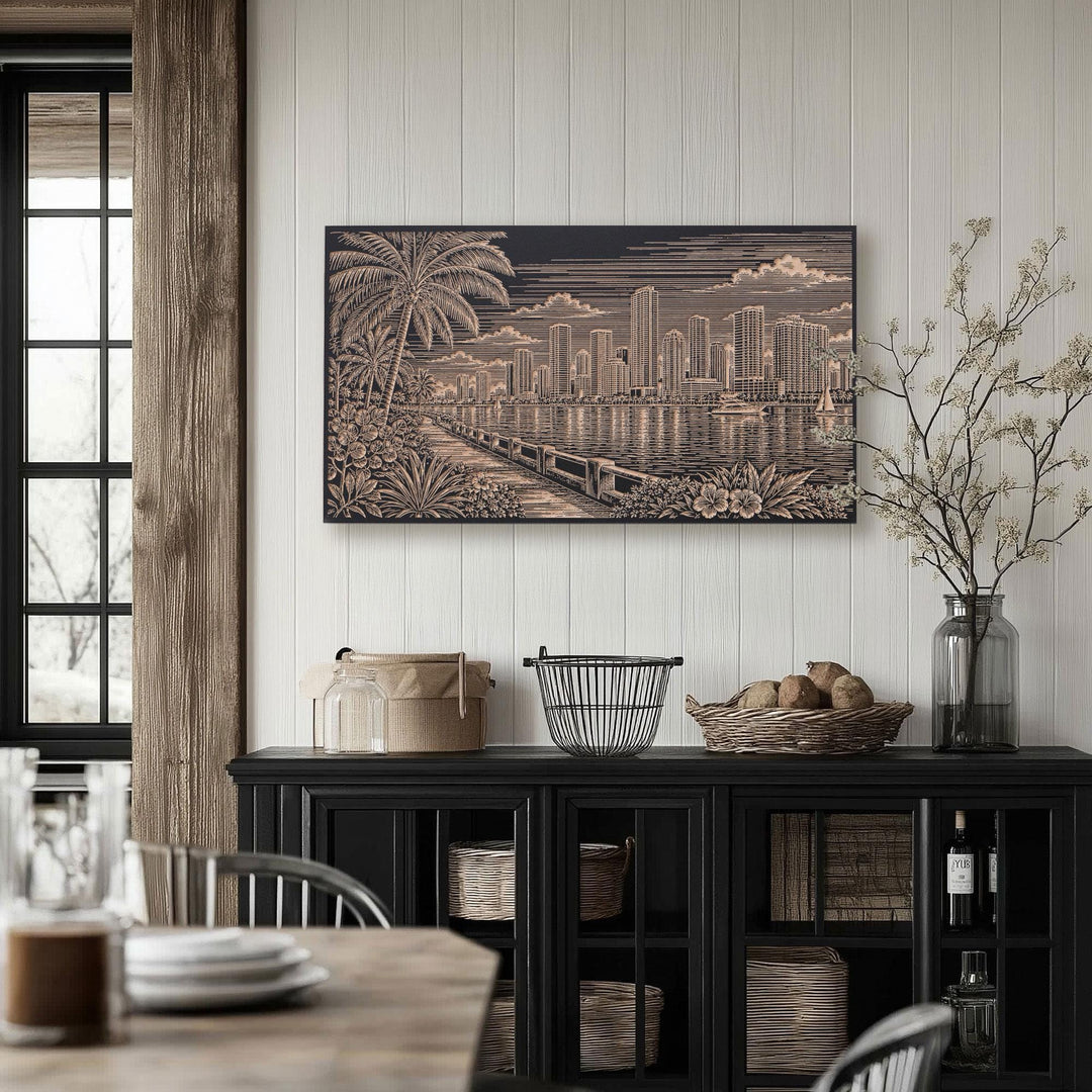 Miami Biscayne Bay Skyline with Palms Engraved Birch Art Panel