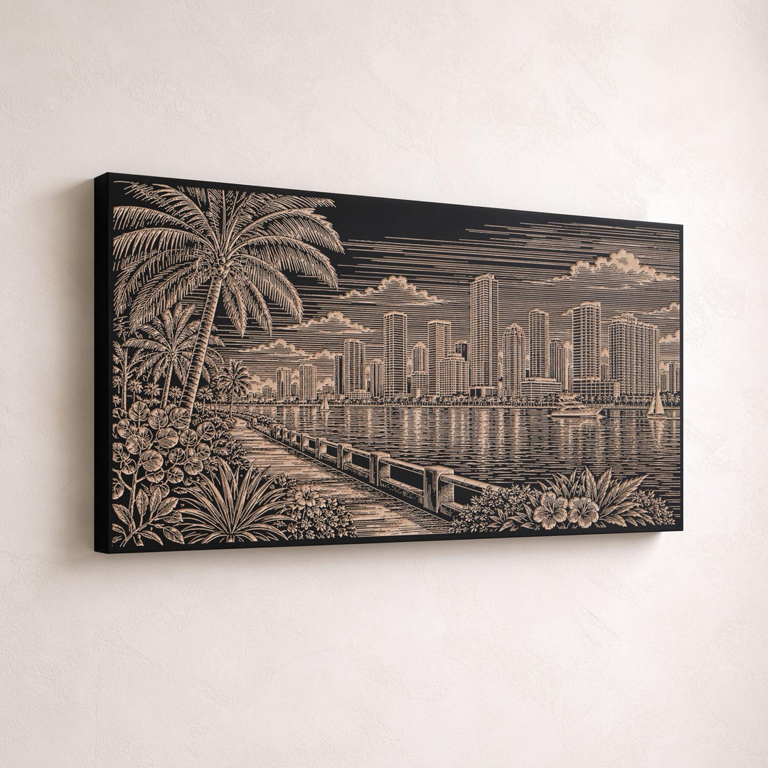 Miami Biscayne Bay Skyline with Palms Engraved Birch Art Panel