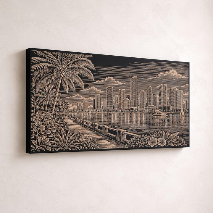 Miami Biscayne Bay Skyline with Palms Engraved Birch Art Panel