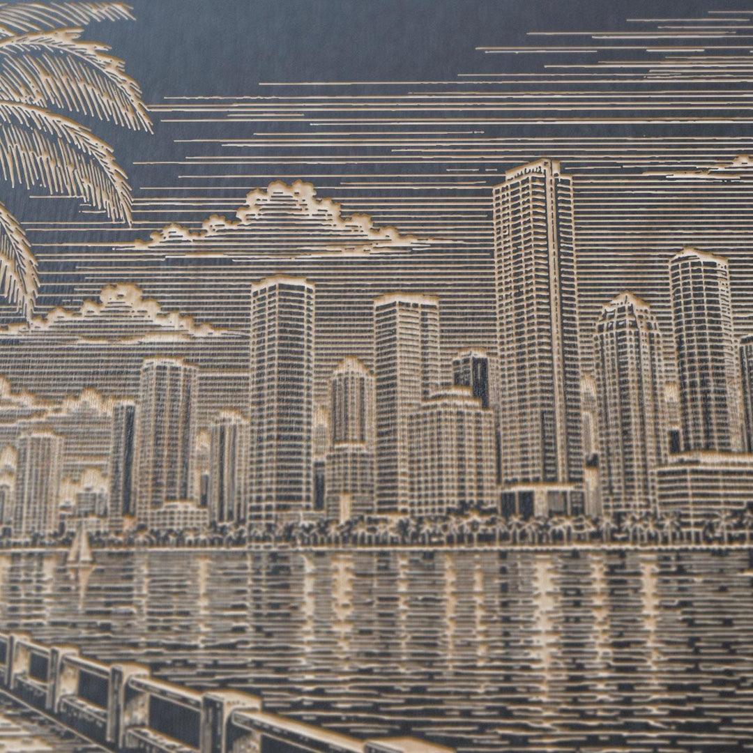 Miami Biscayne Bay Skyline with Palms Engraved Birch Art Panel