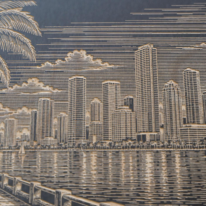Miami Biscayne Bay Skyline with Palms Engraved Birch Art Panel