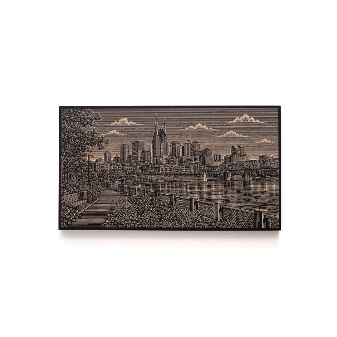 Nashville Cumberland River Skyline Engraved Birch Art Panel