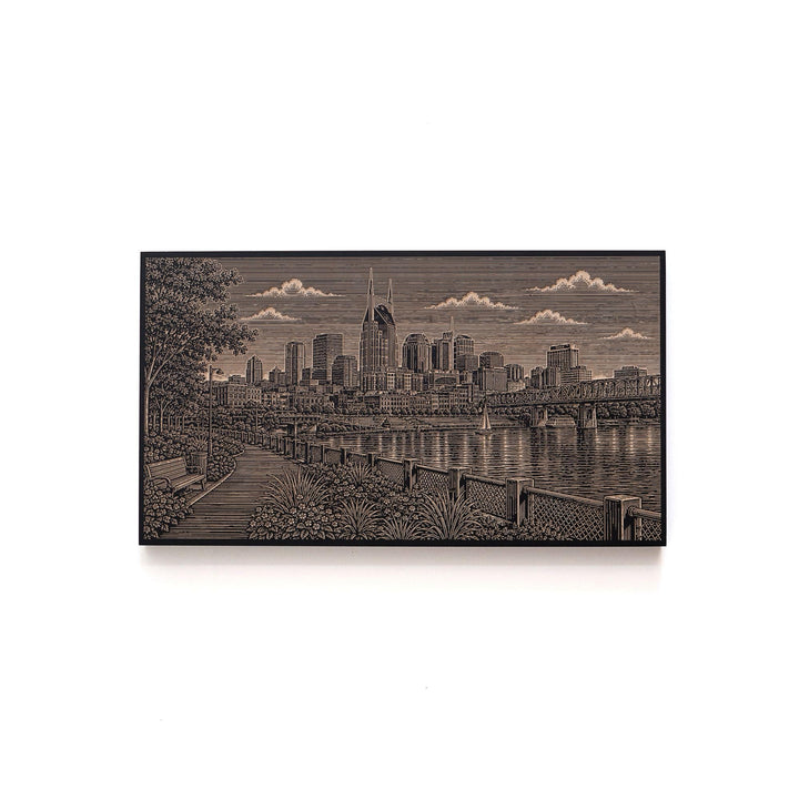 Nashville Cumberland River Skyline Engraved Birch Art Panel