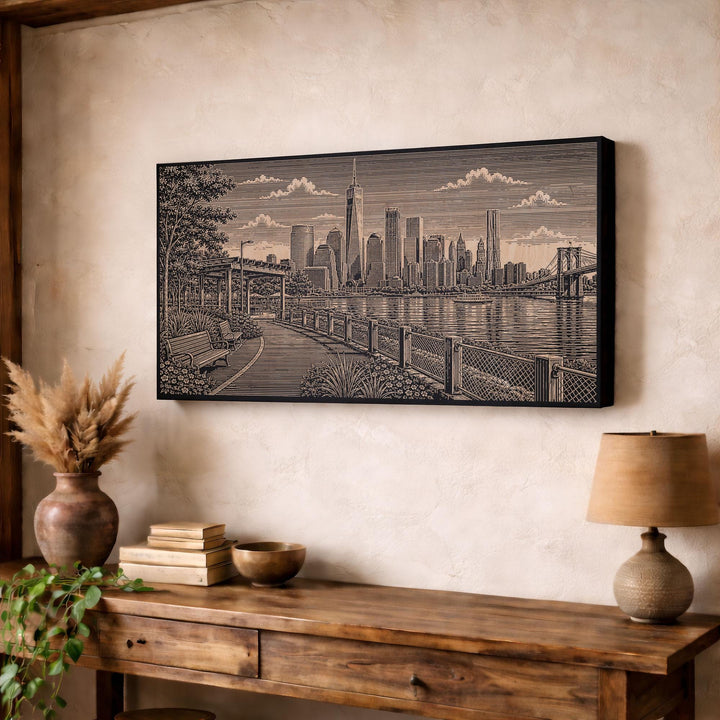 New York City Brooklyn Bridge Park Skyline Engraved Birch Art Panel