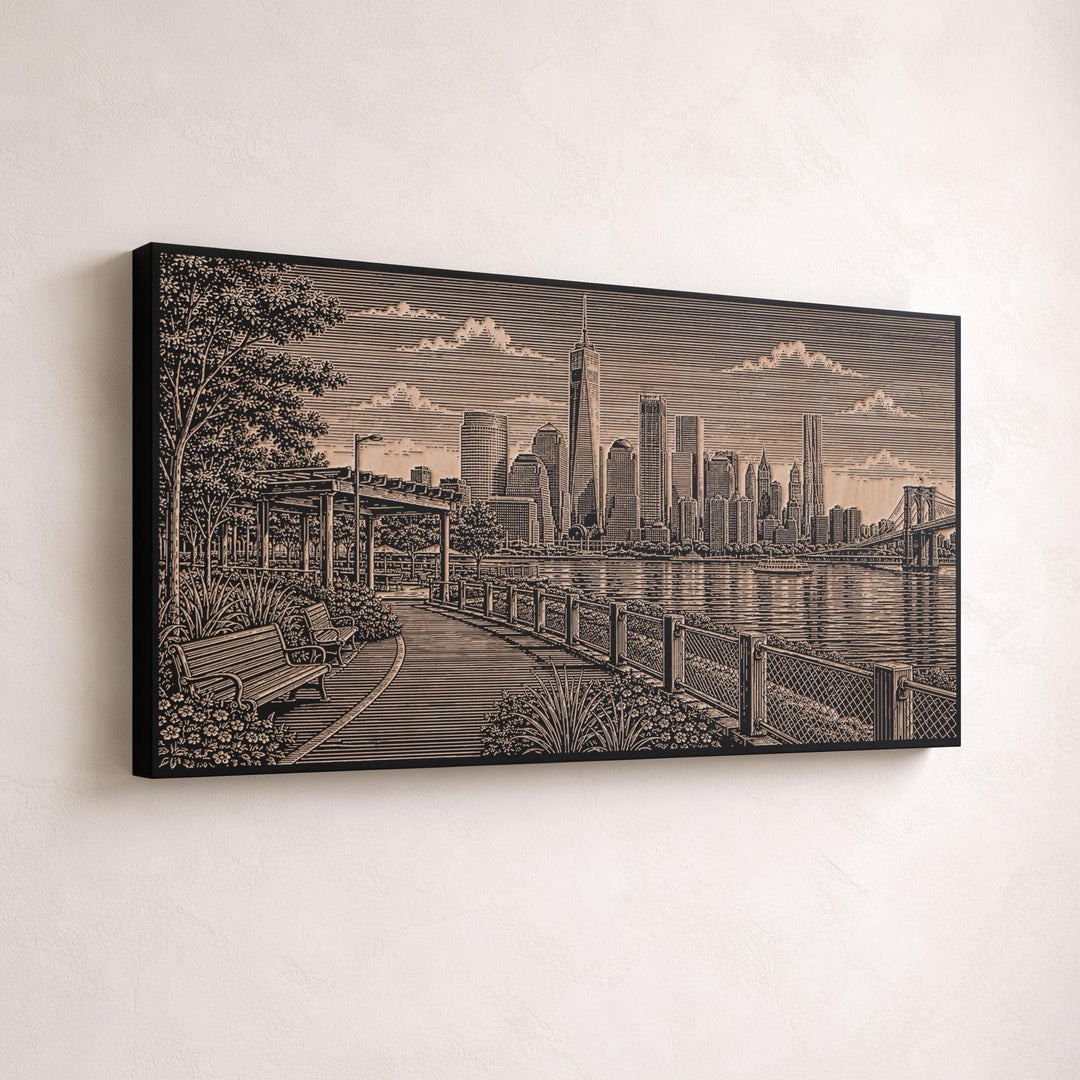 New York City Brooklyn Bridge Park Skyline Engraved Birch Art Panel