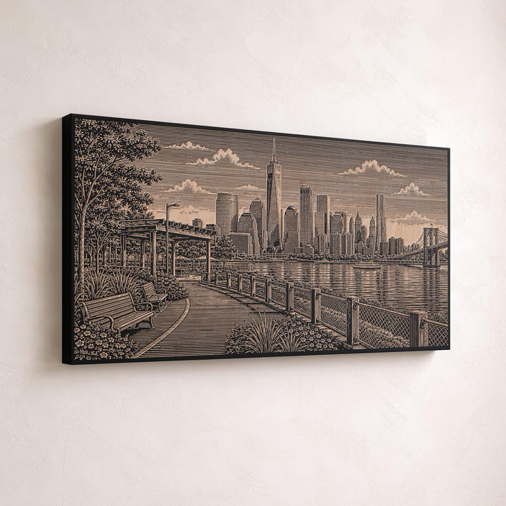 New York City Brooklyn Bridge Park Skyline Engraved Birch Art Panel