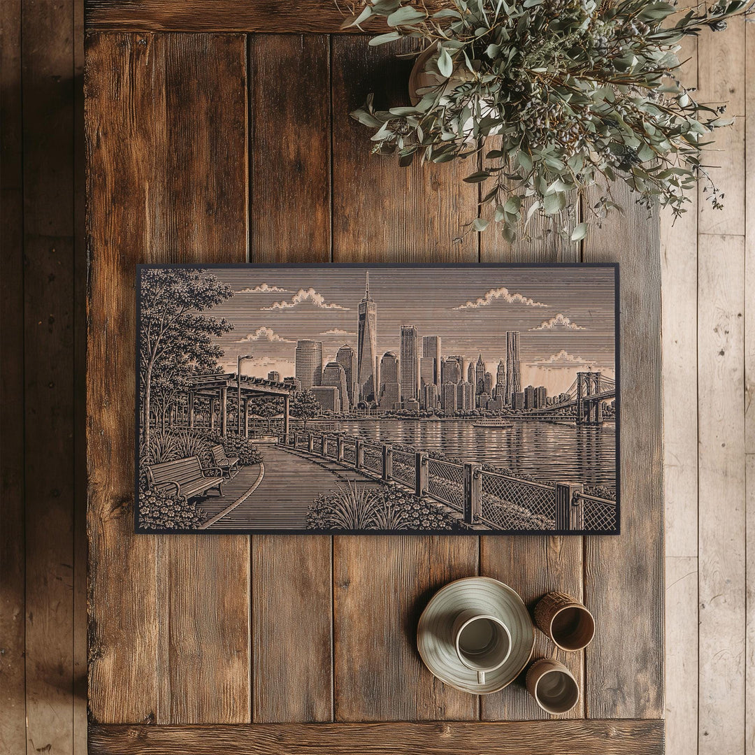 New York City Brooklyn Bridge Park Skyline Engraved Birch Art Panel
