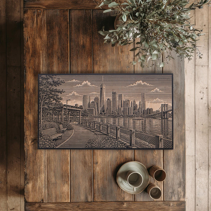 New York City Brooklyn Bridge Park Skyline Engraved Birch Art Panel