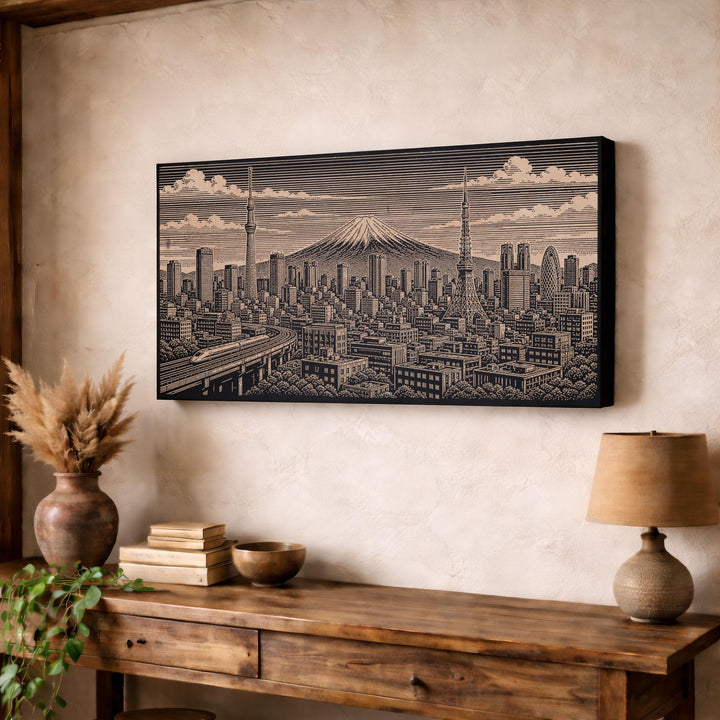 Tokyo Skyline with Mount Fuji Engraved Birch Art Panel