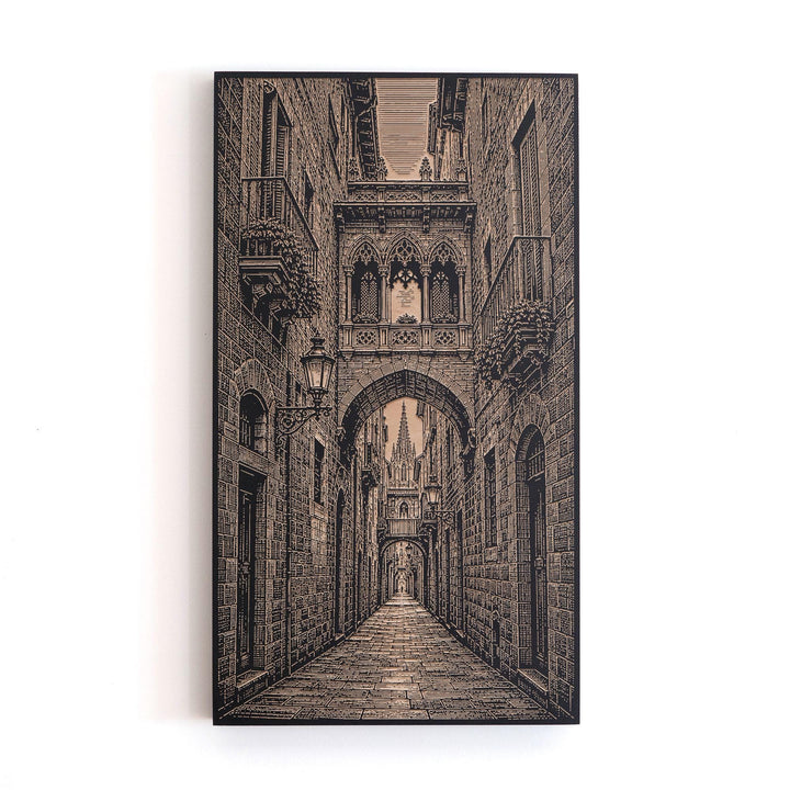 Barcelona Gothic Quarter Alley Engraved Birch Art Panel