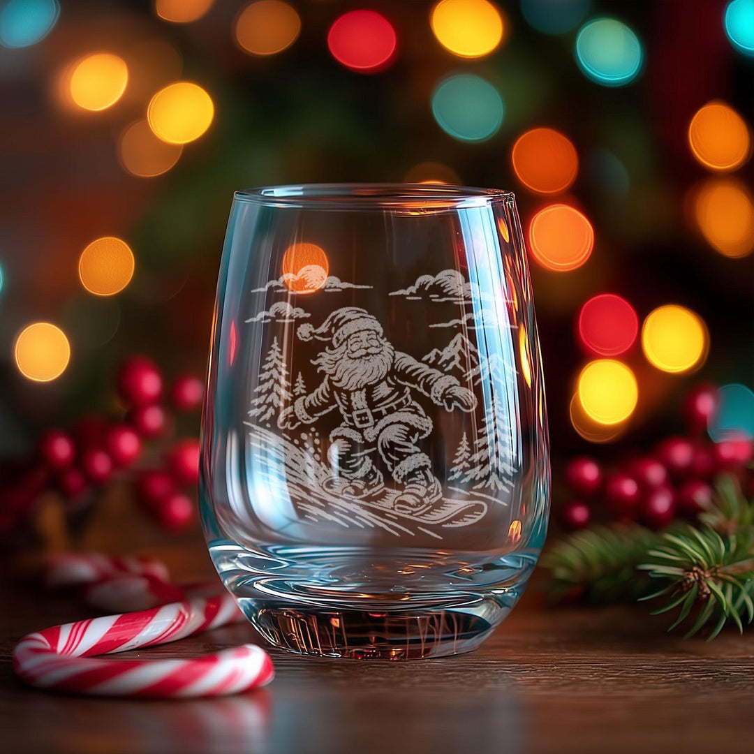 Santa Snowboarding Engraved Glass