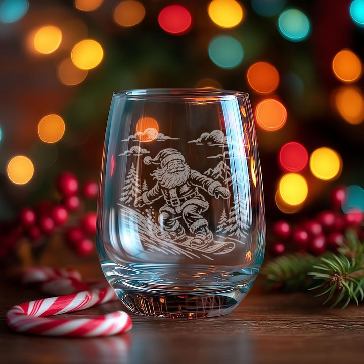 Santa Snowboarding Engraved Glass