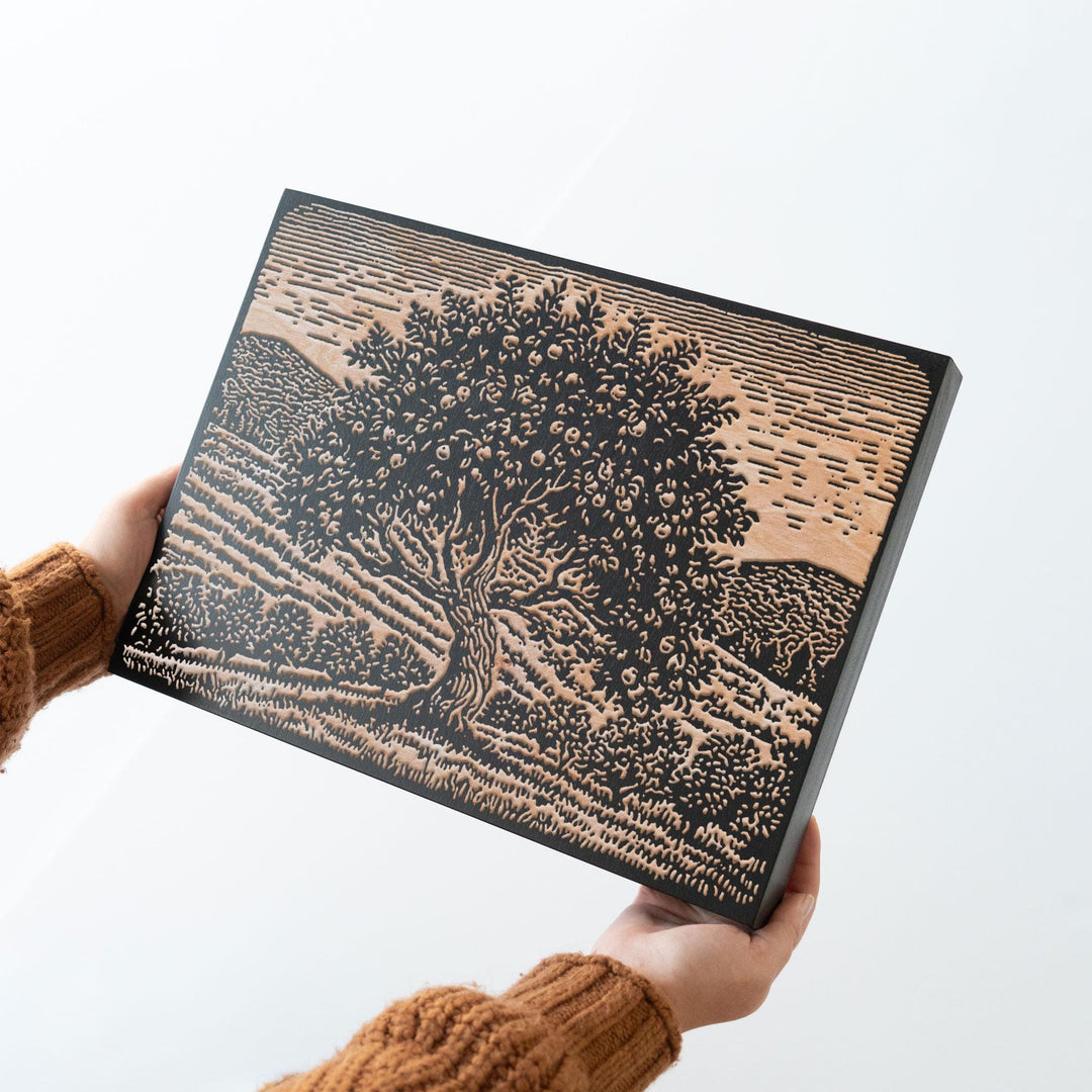 Apple Tree in Orchard Engraved Wood Panel